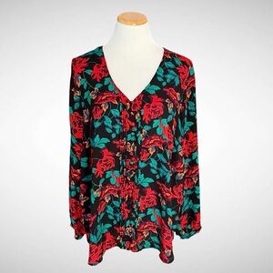 Torrid Georgette Pintuck Button-Front Floral V-Neck Blouse Long Sleeves